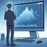 אדם שעומד מול צג השקעות ונראה קצת לחוץ, כי הוא משקיע בהשקעות סיכון גבוה